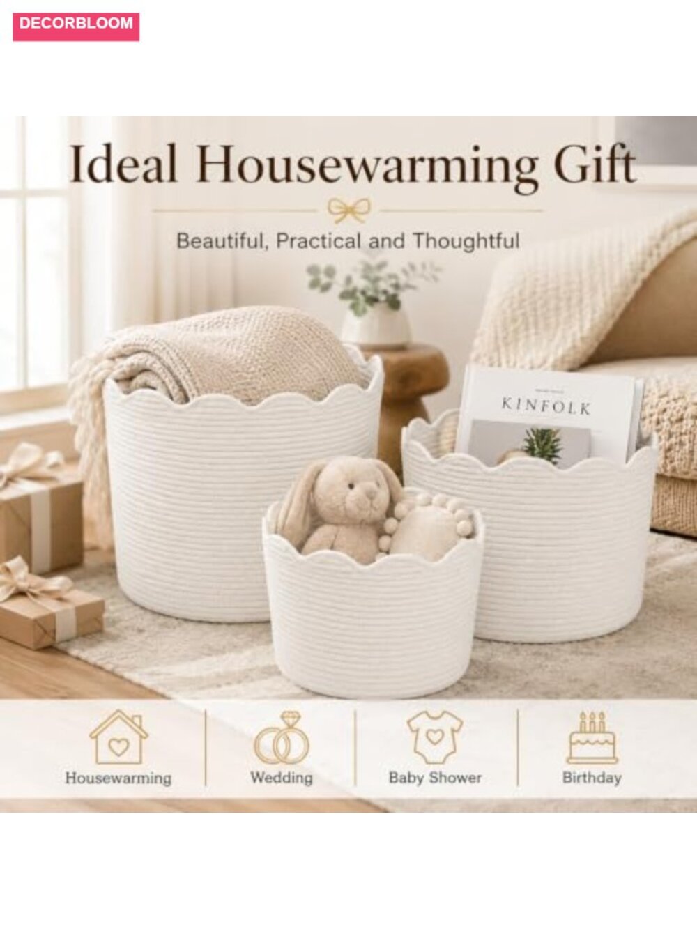 Cotton Rope Woven Storage Basket Set of 3 Scallop Edge Boho Nursery Organizer - Picture 3 of 6